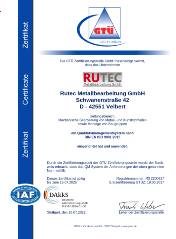 RUTEC Zertifikat IS0 9001:2015