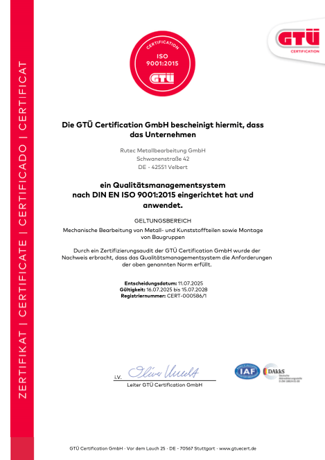 RUTEC Zertifikat IS0 9001:2015